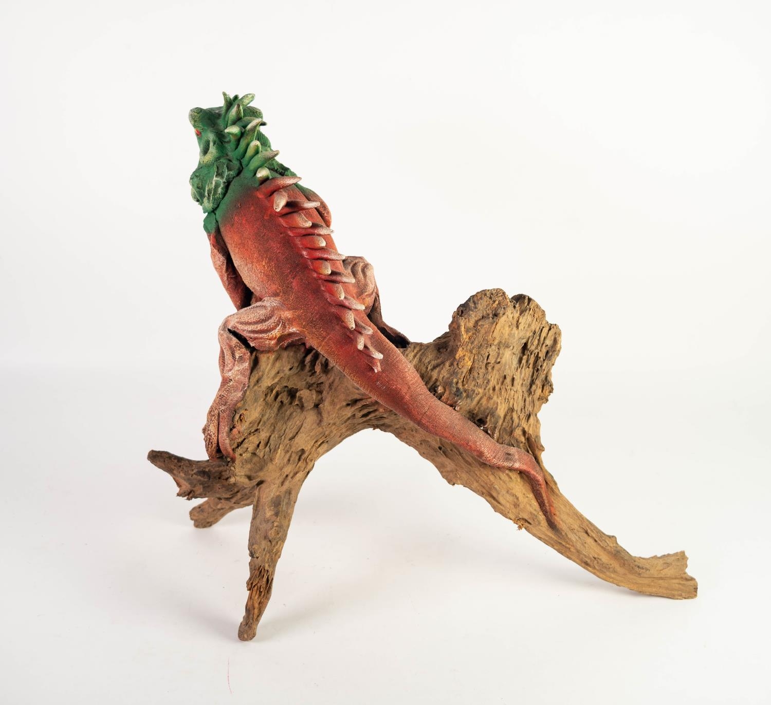 ORIENTAL CARVED AND COLD PAINTED ROOT MODEL OF A KOMODO DRAGON lying along a gnarled branch, - Image 2 of 3