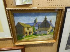 M. MANSFIELD OIL PAINTING ON BOARD ?OVER HAD?, RURAL BUILDINGS SIGNED 10? X 14? (25.4cm x 35.5cm)