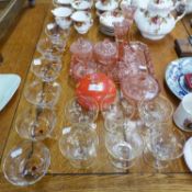 QUANTITY OF GLASSWARES TO INCLUDE; A PINK GLASS DRESSING TABLE SET OF 7 PIECES, 2 x SETS OF SIX