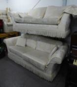 A PAIR OF THREE SEATER DURESTA STUNNING GOLD/IVORY DRAGON PATTERN SOFA'S (OVERALL LENGTH APPROX