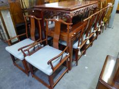 A MODERN HONG KONG PURCHASED HARDWOOD EXTENDING DINING TABLE, WITH 2 EXTRA LEAVES,  (182cm x 112cm)