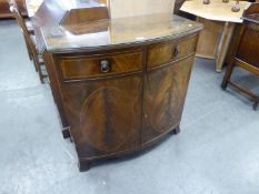 A FLAME MAHOGANY SIDE CABINET, WITH INLAY DECORATION, HAVING TWO DRAWERS OVER TWO CUPBOARDS, WITH