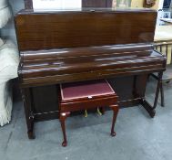 B. SQUIRE MAHOGANY UPRIGHT PIANOFORTE, IRON FRAMED AND OVERSTRUNG AND THE MAHOGANY PIANO STOOL