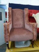 VICTORIAN WINGED FIRESIDE ARMCHAIR, ON MAHOGANY SQUARE TAPERING FRONT SUPPORTS, WITH POT CASTORS, (