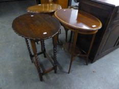 AN OVAL INLAID MAHOGANY OCCASIONAL TABLE, WITH UNDER-TIER AND AN OAK OCCASIONAL TABLE WITH SHAPED