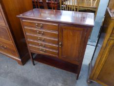 AN EARLY TWENTIETH CENTURY MAHOGANY MUSIC CABINET, WITH FOUR FALL-FRONT DRAWERS AND SIDE CUPBOARD