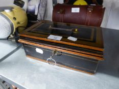 A BLACK JAPANNED METAL CASH BOX WITH LIFT-OUT TRAY