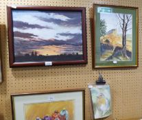 UNATTRIBUTED OIL ON CANVAS '?SUNSET? AND TWO WATERCOLOUR DRAWINGS 'ROBIN? AND ?LANDSCAPE WITH