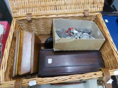 EARLY TWENTIETH CENTURY MAHOGANY BOX WITH SLIDE TOP AND TWO INTERNAL COMPARTMENTS,  THREE OTHER