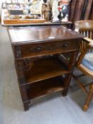 CHIPPENDALE STYLE MODERN MAHOGANY STAINED SIDE TABLE, with framed top above a single drawer and