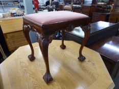 A LARGE OBLONG VICTORIAN STYLE STOOL, RAISED ON LONG CABRIOLE LEGS WITH CLAW AND BALL FEET
