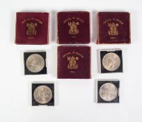 FOUR GEORGE VI BOXED FESTIVAL OF BRITAIN (1951) CROWNS, also four Elizabeth II Coronation