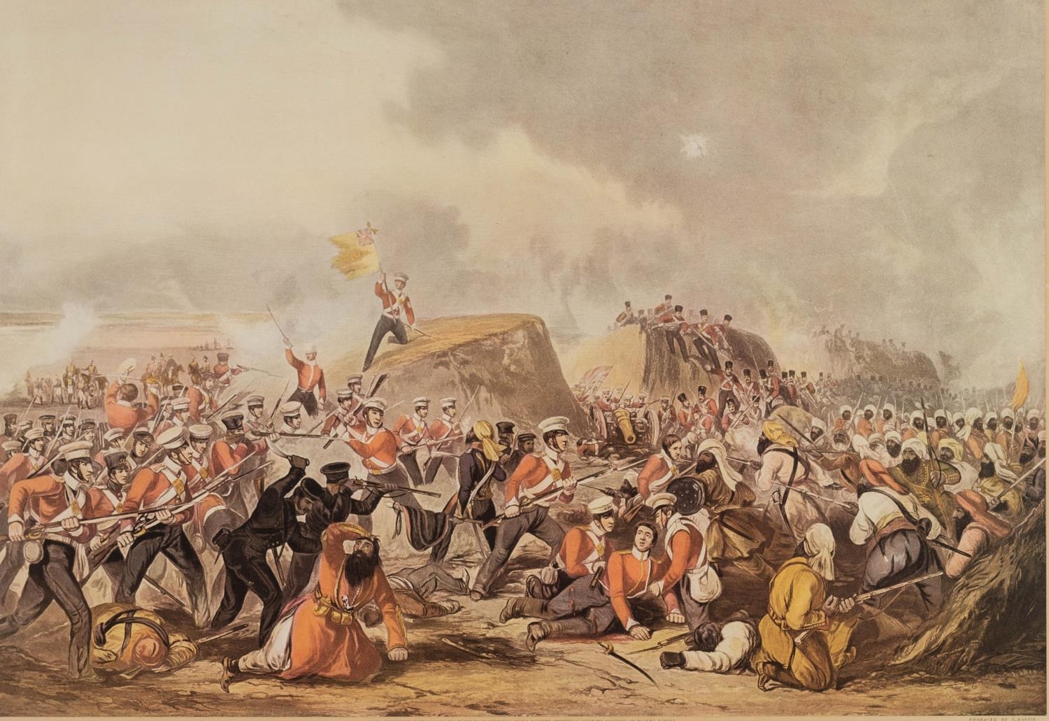 FOUR COLOUR PRINT REPRODUCITONS OF 19th CENTURY COLOURED ETCHINGS OF BRITISH BATTLE SCENES: Battle - Image 2 of 4