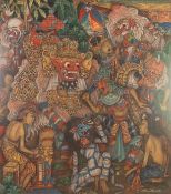 MODERN INDONESIAN SCHOOL GOUACHE ON FABRIC Numerous figures in ceremonial costume Unsigned 18in x