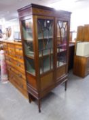 EDWARDIAN INLAID MAHOGANY DISPLAY CABINET WITH TWO ASTRAGAL GLAZED DOORS, TWO SHORT DRAWERS BELOW,