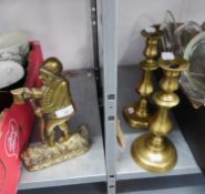 PAIR OF ANTIQUE BRASS EJECTOR CANDLESTICKS, 10 ½? high, and a FIGURAL BRASS DOOR STOP, A SUP OF