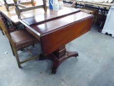 A MAHOGANY PEMBROKE TABLE, HAVING FALL-LEAVES AND SINGLE DRAWER TO END, RAISED ON SQUARE CENTRAL