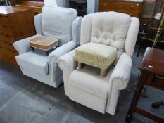 A PAIR OF LADY?S AND GENT?S WINGED LOUNGE CHAIRS, ALL-UPHOLSTERED AND COVERED IN MAUVE WOVEN