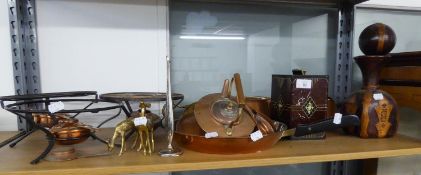 METAL WARES- THREE BLACK METAL AND COPPER SPIRIT BURNER STANDS, TWO TINNED COPPER PANS, SMALL COPPER