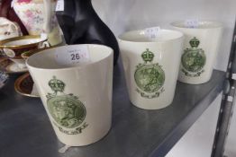 THREE ROYAL DOULTON EARLY 20TH CENTURY ROYAL COMMEMORATIVE CHINA BEAKERS