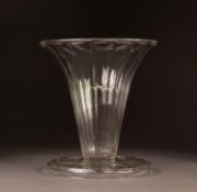 EARLY TWENTIETH CENTURY WHITEFRIARS CLEAR GLASS LARGE TRUMPET VASE, of vertical ribbed from with