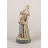 MODERN ROYAL DUX PORCELAIN FIGURE OF A MAID, painted in muted tones and modelled standing, holding