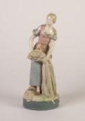 MODERN ROYAL DUX PORCELAIN FIGURE OF A MAID, painted in muted tones and modelled standing, holding