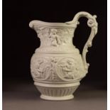 19th CENTURY STAFFORDSHIRE FINELY MOULDED PALE GREY STONEWARE JUG, the central register with four
