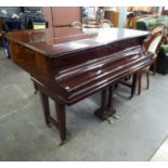 MAX ADOLPH, HIGH GLOSS MAHOGANY CASED BOUDIOR GRAND PIANOFORTE, ON THREE PAIRS OF SQUARE TAPERING
