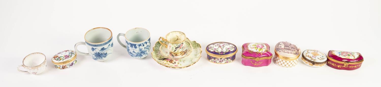 FIVE LIMOGES AND OTHER GILT METAL AND CHINA SMALL BOXES WITH HINGED COVERS, mainly floral pattern