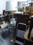 A SMALL OBLONG GILT FRAMED MIRROR, A SMALL TWO TIER SET OF STEPS AND A BRASS EFFECT SWING ARM