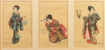 SUITE OF THREE JAPANESE GOUACHE SMALL PAINTINGS ON SILK OF GEISHAS, each 5 ¼? x 3 ¼? (13.3cm x 8.