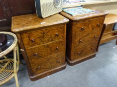 A PAIR OF VICTORIAN FIGURED WALNUT WOOD PEDESTALS WITH QUADRANT CORNERS, EACH WITH THREE GRADUATED