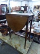 EDWARDIAN INLAID MAHOGANY OCCASIONAL TABLE, THE SWIVELLING OVAL TOP HAVING TWO FALL LEAVES, ON