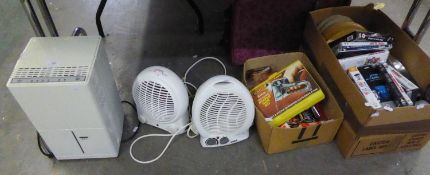 A SMALL QUANTITY OF  VIDEO TAPES, A BLYSS DEHUMIDIFIER, TWO PORTABLE FAN HEATERS, HAIR CURLING