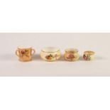 TWO MINIATURE PIECES OF ROYAL WORCESTER FLORAL PAINTED BLUSH PORCELAIN, comprising: TYG, (1907), and