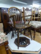 AN ERCOL  STYLE STICK-BACK ARMCHAIR AND AN OCTAGONAL OAK FRAMED WALL MIRROR (2)