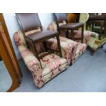 A PAIR OF BEDROOM ARMCHAIRS, UPHOLSTERED IN RED AND GOLD FABRIC (2)