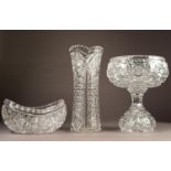 THREE NEAR MATCHING PIECES OF CUT GLASS, comprising: TWO PART PEDESTAL BOWL, 12 ½? (31.7cm) high,