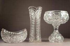 THREE NEAR MATCHING PIECES OF CUT GLASS, comprising: TWO PART PEDESTAL BOWL, 12 ½? (31.7cm) high,