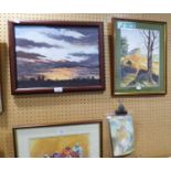 UNATTRIBUTED OIL ON CANVAS '?SUNSET? AND TWO WATERCOLOUR DRAWINGS 'ROBIN? AND ?LANDSCAPE WITH