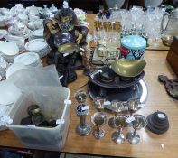 CAST IRON SCALES AND VARIOUS WEIGHTS, MERLIN CRYSTAL BALL ORNAMENT, SMALL QUANTITY OF ELECTROPLATE