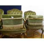 PAIR OF SQUARE UPHOLSTERED POUFFES, COVERED IN GREEN FABRIC