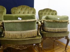 PAIR OF SQUARE UPHOLSTERED POUFFES, COVERED IN GREEN FABRIC