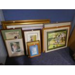 A SELECTION OF FRAMED COLOUR PRINTS, A TAPESTRY PICTURE, A WATERCOLOUR 'MEN PLAYING BOWLS', MAX