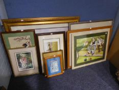 A SELECTION OF FRAMED COLOUR PRINTS, A TAPESTRY PICTURE, A WATERCOLOUR 'MEN PLAYING BOWLS', MAX