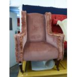 VICTORIAN WINGED FIRESIDE ARMCHAIR, ON MAHOGANY SQUARE TAPERING FRONT SUPPORTS, WITH POT CASTORS, (