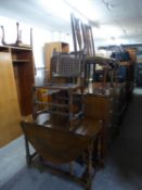 A PRE-WAR OAK GATELEG TABLE, A SINGLE OAK CANE-BACK AND SEAT BARLEY TWIST FRAMED CHAIR AND A SET