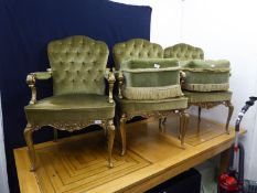 SET OF THREE ITALIAN CAST BRASS OPEN ARMCHAIRS, SEAT AND BACK UPHOLSTERED IN GREEN FABRIC, THE FRAME