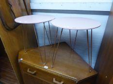 PAIR OF MODERN CIRCULAR OCCASIONAL TABLES, RAISED ON COPPER COLOURED HAIRPIN LEGS WITH PINK COLOURED